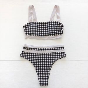 Express Gingham Check Bikini Swimsuit Ladder Strap Top Cheeky High Waist Bottoms